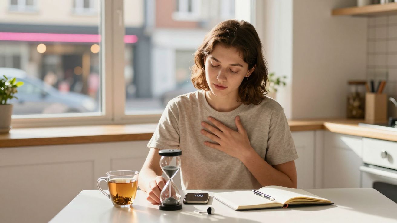 Mulher sentada à mesa com chá, um temporizador de areia e caderno, parece concentrada e com a mão no peito.