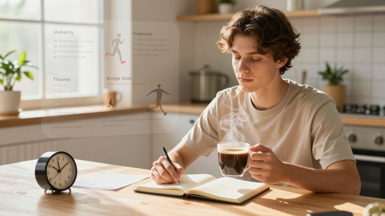 Jovem a estudar e a beber café quente numa cozinha iluminada pela luz natural da janela.