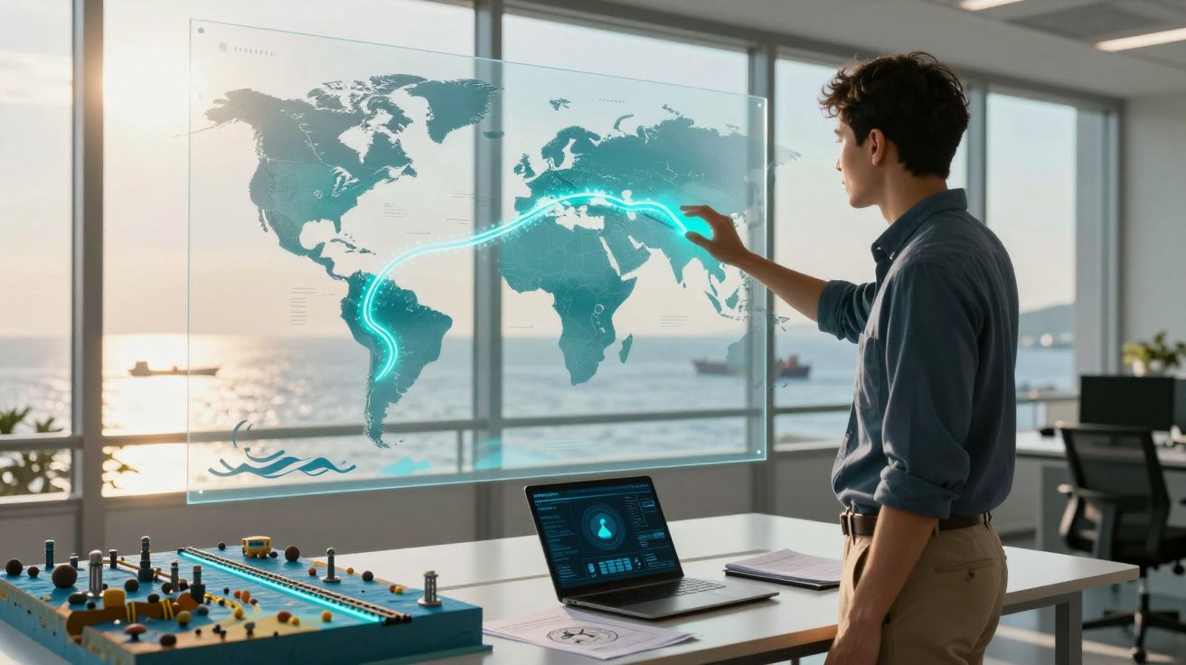 Homem utilizando mapa digital interativo para analisar rotas globais numa sala moderna com vista para o mar.