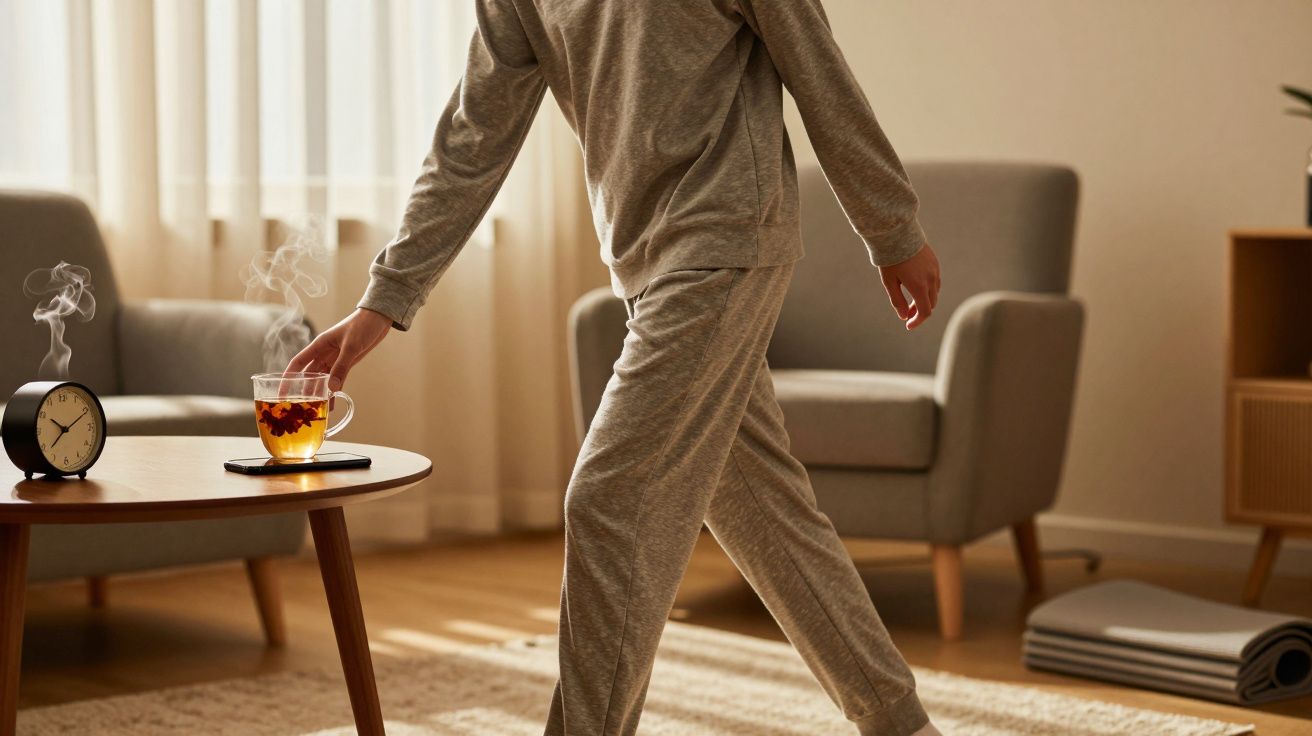 Pessoa em pijama a pegar chá numa sala iluminada pela luz natural com relógio e cadeirão ao fundo.