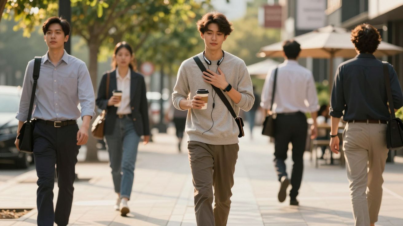 Cinco pessoas jovens a caminhar numa rua urbana iluminada pelo sol, três delas seguram café para viagem.
