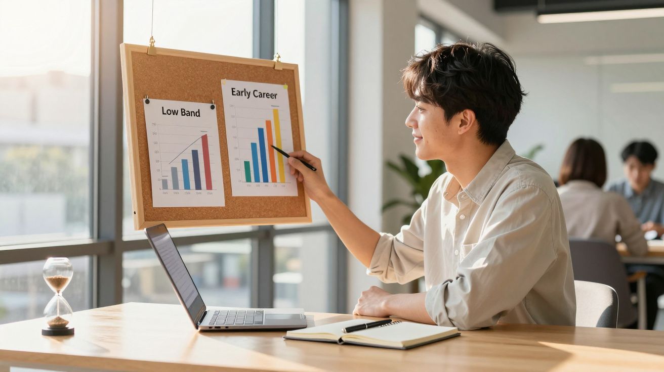 Homem a apontar com caneta gráficos de barras em quadro numa sala de escritório moderna, com laptop e caderno à frente.