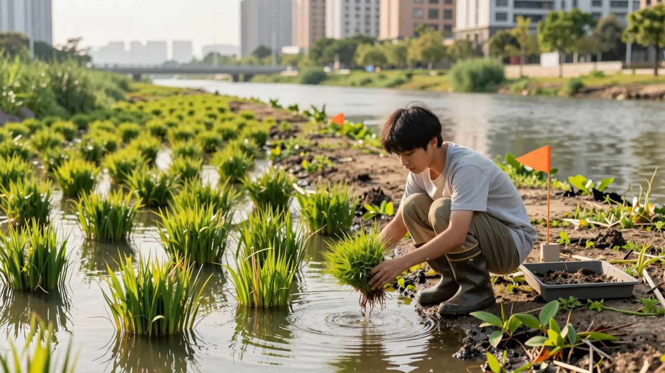 Pessoa a plantar vegetação aquática numa margem de rio, com botas de borracha e edifícios ao fundo.