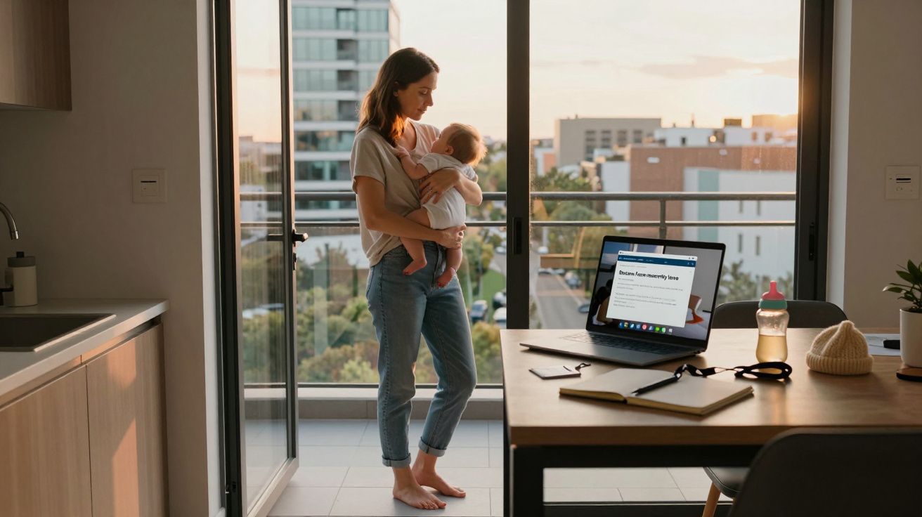 Mulher em pé num apartamento a segurar bebé, ao lado de mesa com computador portátil e biberão.