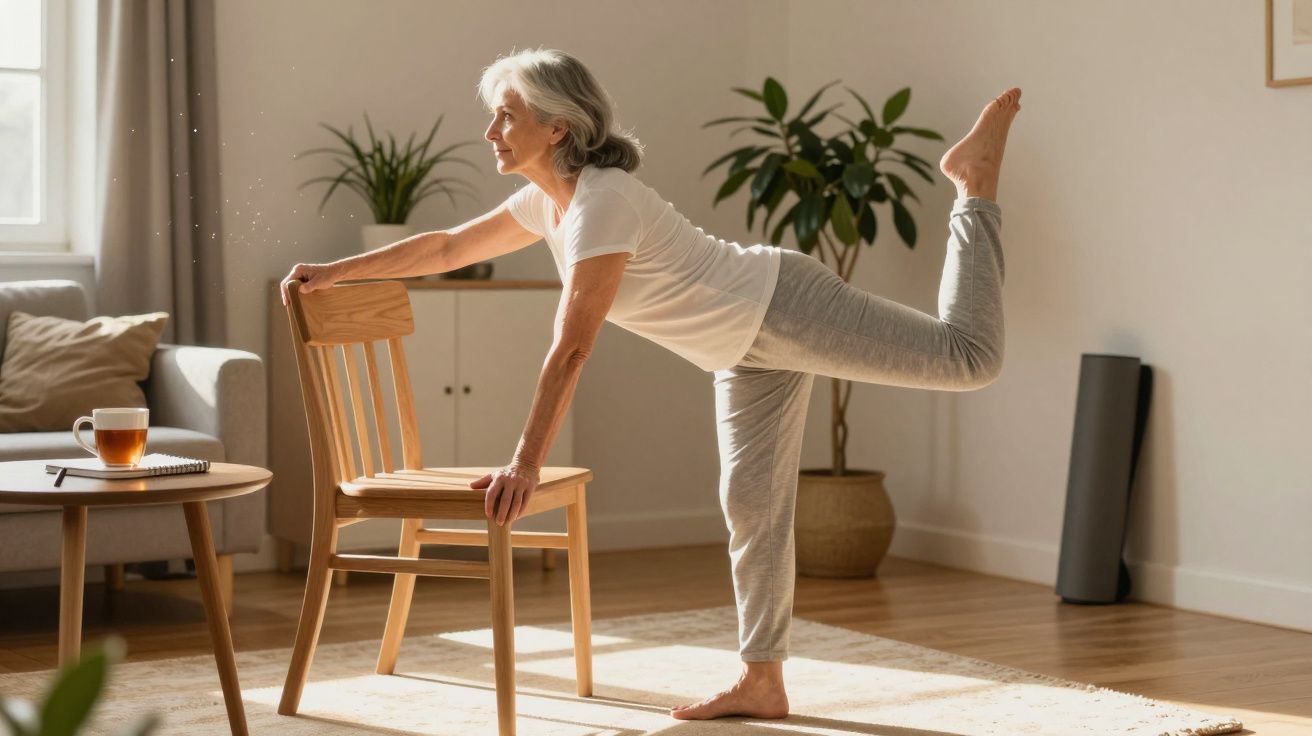 Mulher sénior a fazer exercício de equilíbrio usando uma cadeira na sala de estar iluminada pelo sol.