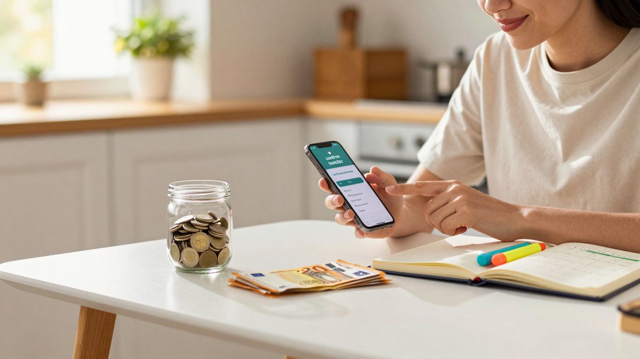 Pessoa a controlar finanças numa aplicação no telemóvel, com moedas e notas sobre a mesa.