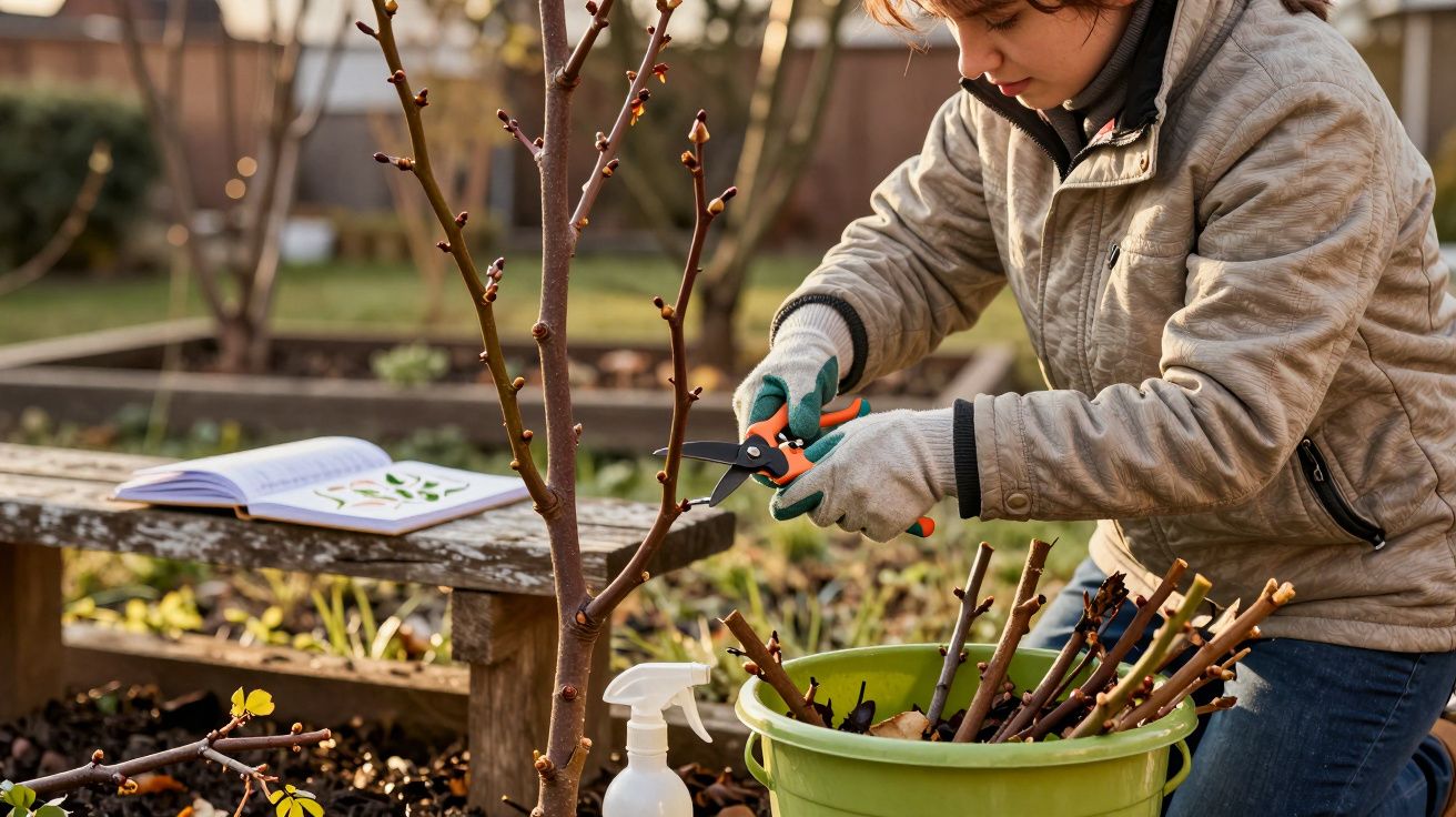 Pessoa a podar ramos de uma planta num jardim, com luvas e livro aberto numa mesa ao fundo.