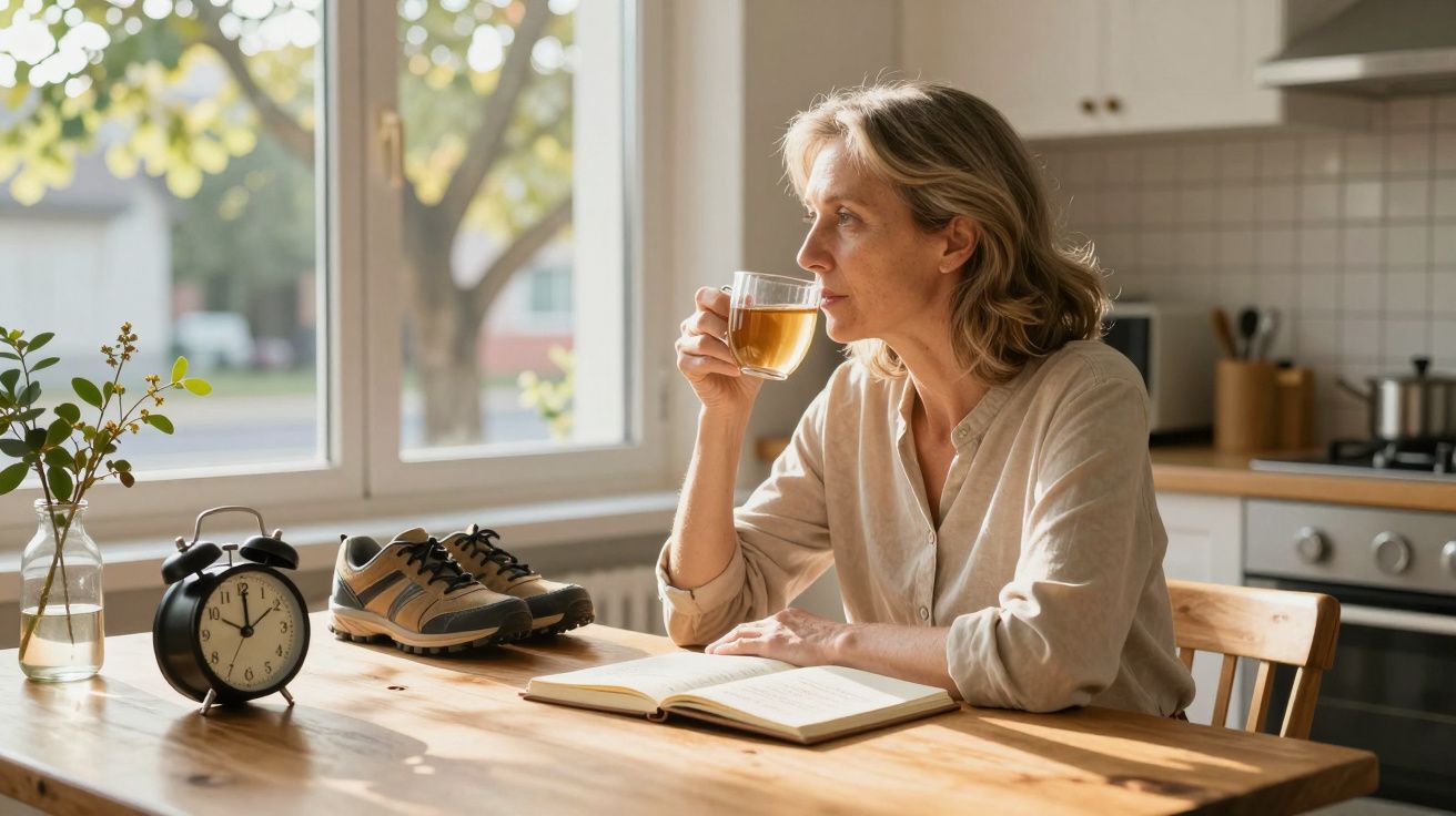 Mulher sentada à mesa da cozinha a beber chá, com livro aberto, relógio e ténis à sua frente.