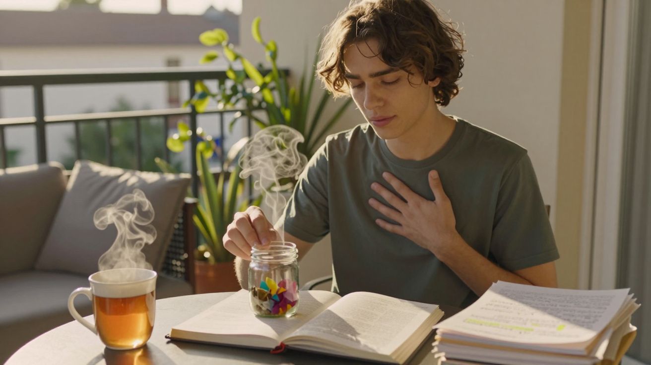 Jovem sentado à mesa com chá quente, jarro e livros, num ambiente luminoso e tranquilo.