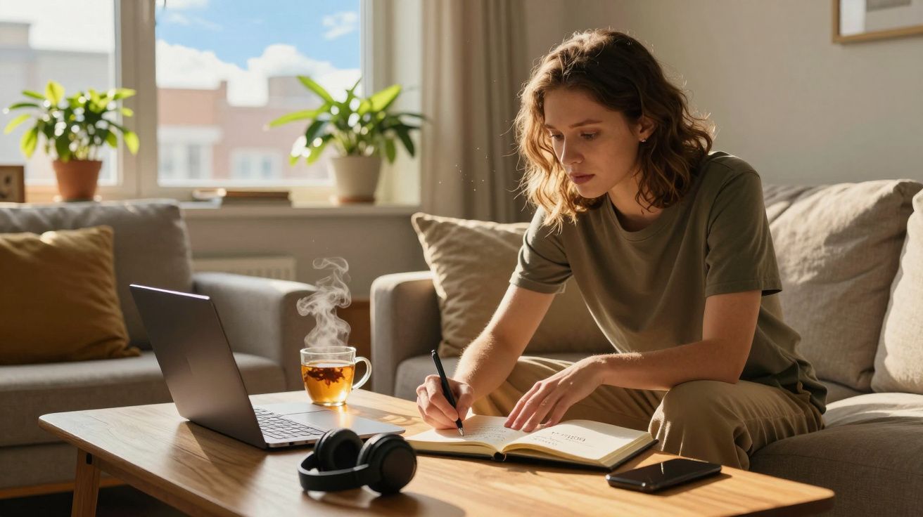 Mulher sentada no sofá a escrever num caderno, com laptop, chá quente e auscultadores numa mesa de madeira.