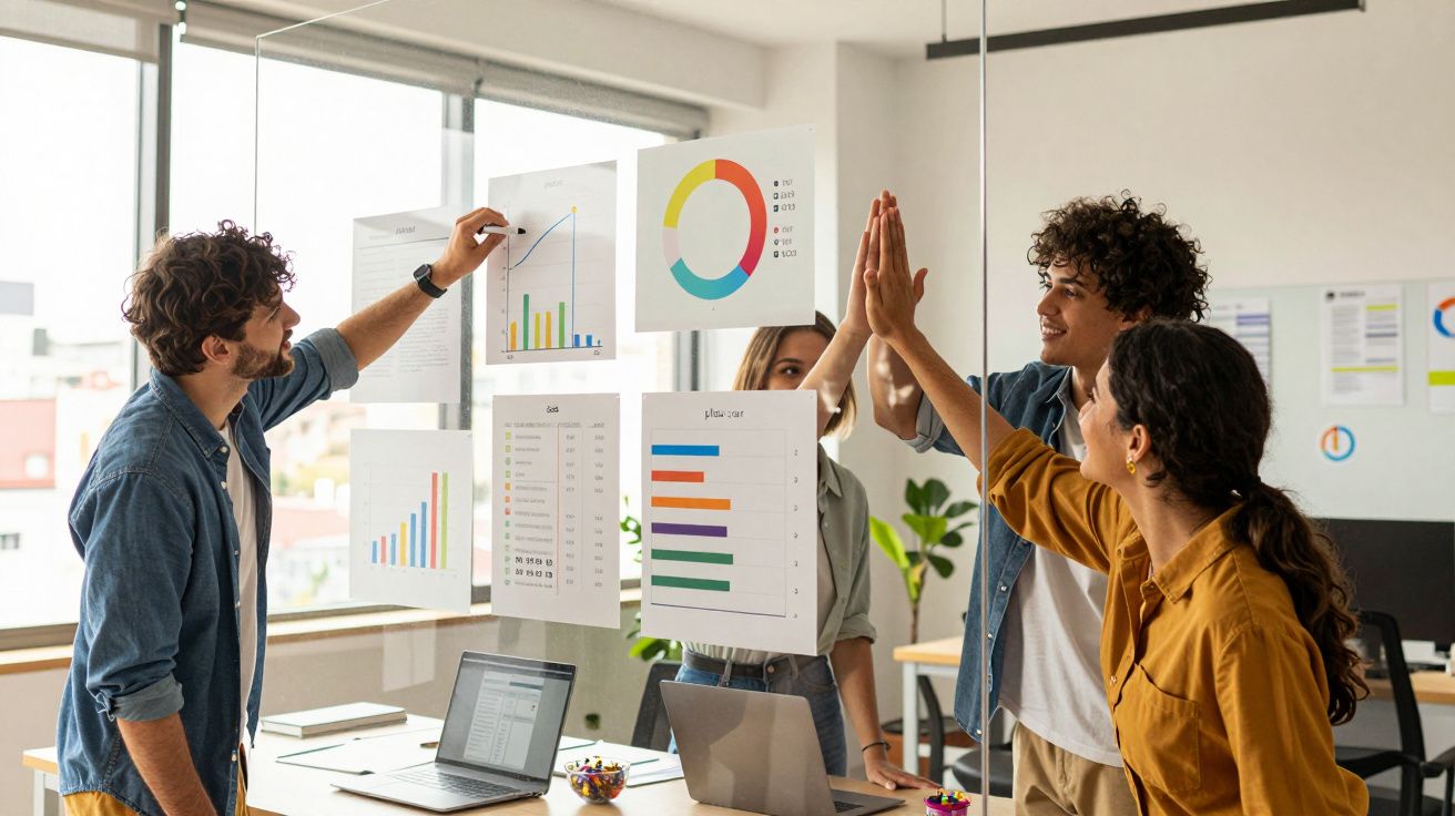 Equipa jovem a colaborar e comemorar na reunião de trabalho num escritório moderno com gráficos em vidro.