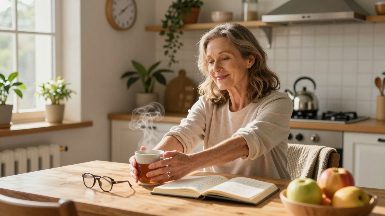 Mulher sorridente sentada à mesa da cozinha a segurar chá quente, com livro aberto e óculos à frente.