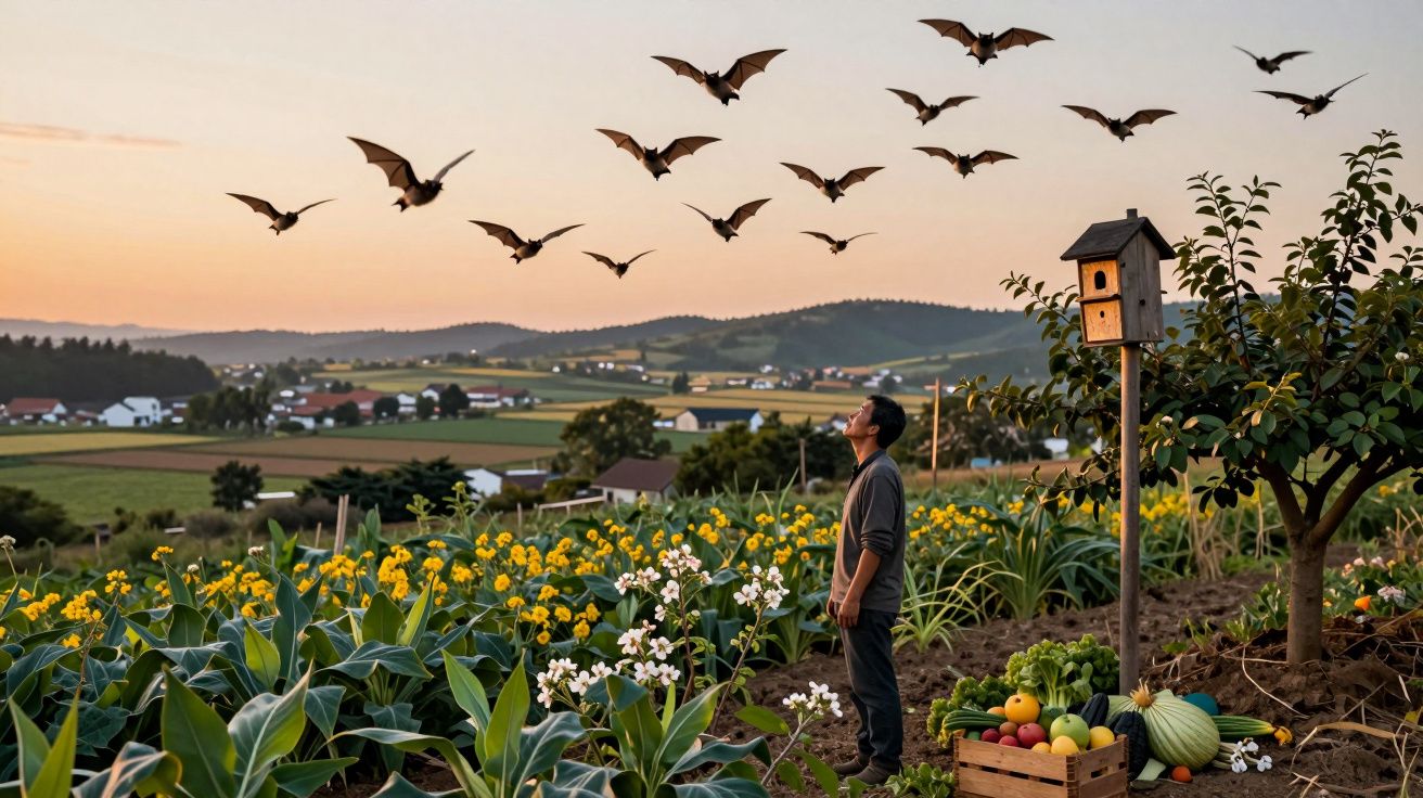 Homem num campo com flores observa morcegos voando ao pôr do sol, perto de árvore e caixa de fruta.