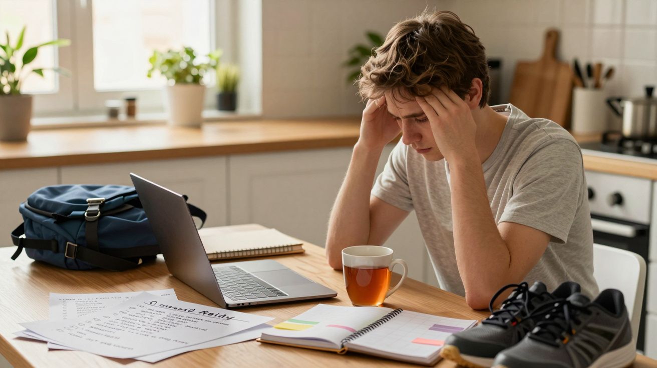 Jovem preocupado a estudar em casa com computador, livros e papéis na mesa da cozinha.