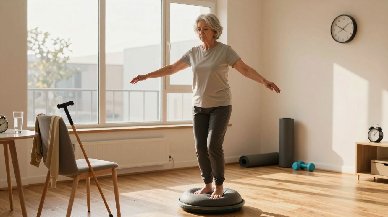 Mulher sénior a fazer exercício de equilíbrio numa bola Bosu num ambiente doméstico iluminado.