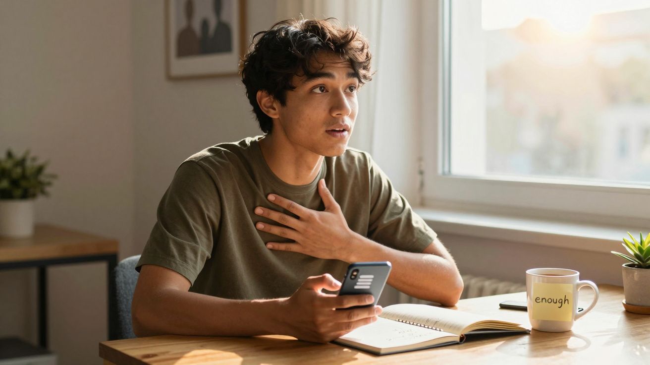 Jovem sentado à mesa com telemóvel na mão e expressão preocupada, perto de caderno e caneca "enough".