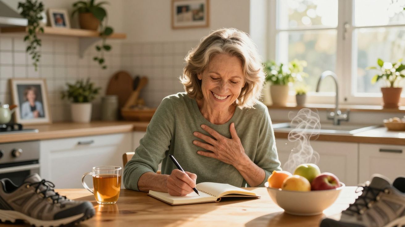Mulher sénior feliz escreve num caderno na cozinha, com chá e fruta na mesa iluminada pelo sol.
