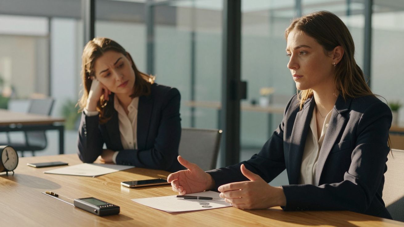 Duas mulheres em reunião de negócios, uma explicando e a outra a ouvir atentamente.