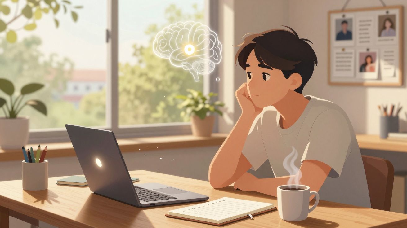 Rapaz pensativo sentado à secretária com computador, café e caderno numa sala iluminada pela janela.