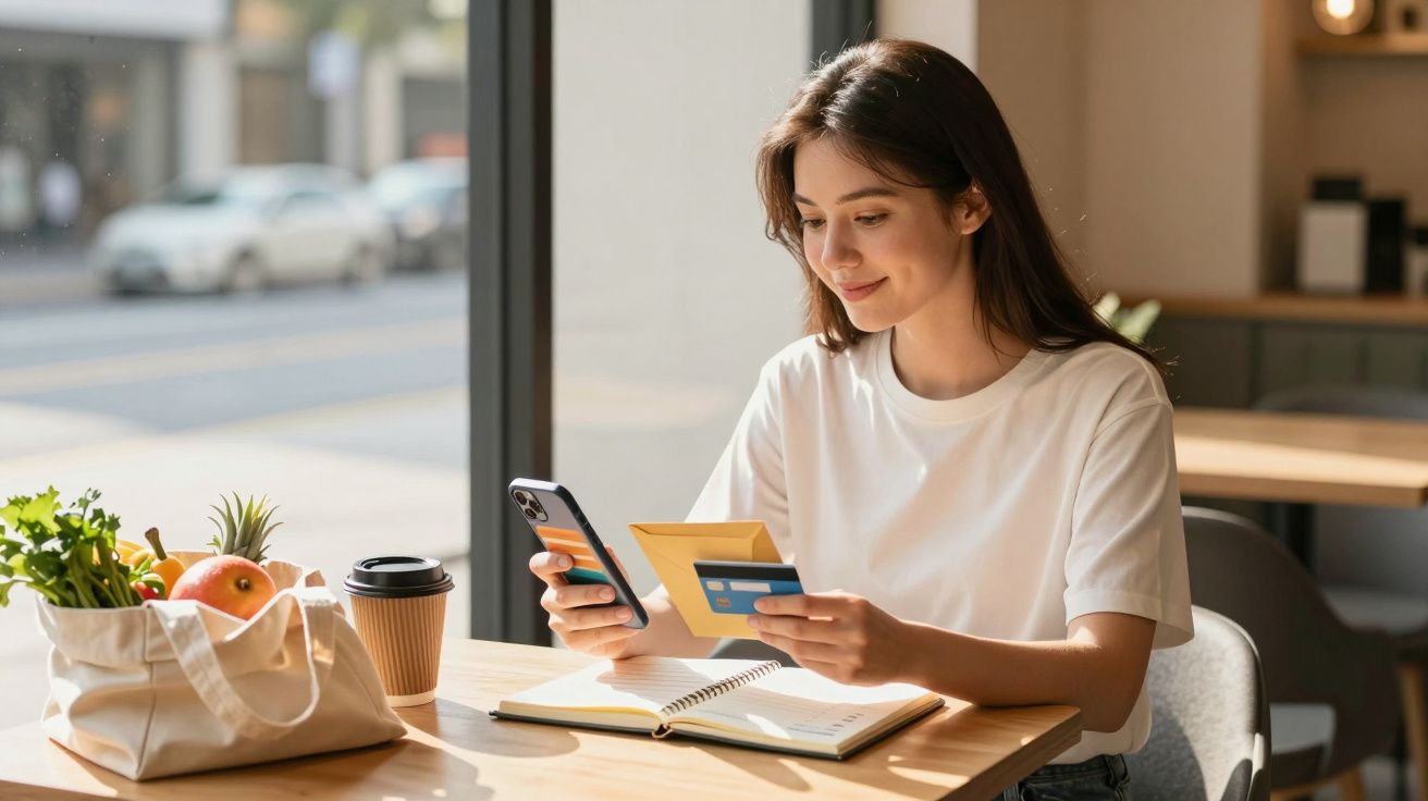 Mulher sentada numa mesa com sacola de compras, a usar telemóvel e a segurar cartão de crédito.