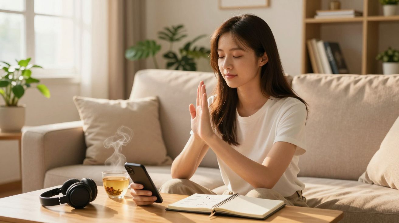 Mulher sentada no sofá a meditar com telemóvel, chá quente, fones e caderno numa mesa à frente.