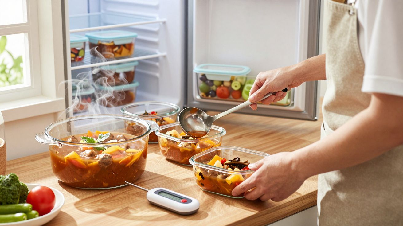 Pessoa a colocar sopa quente em recipientes de vidro para arrefecer junto à janela da cozinha.