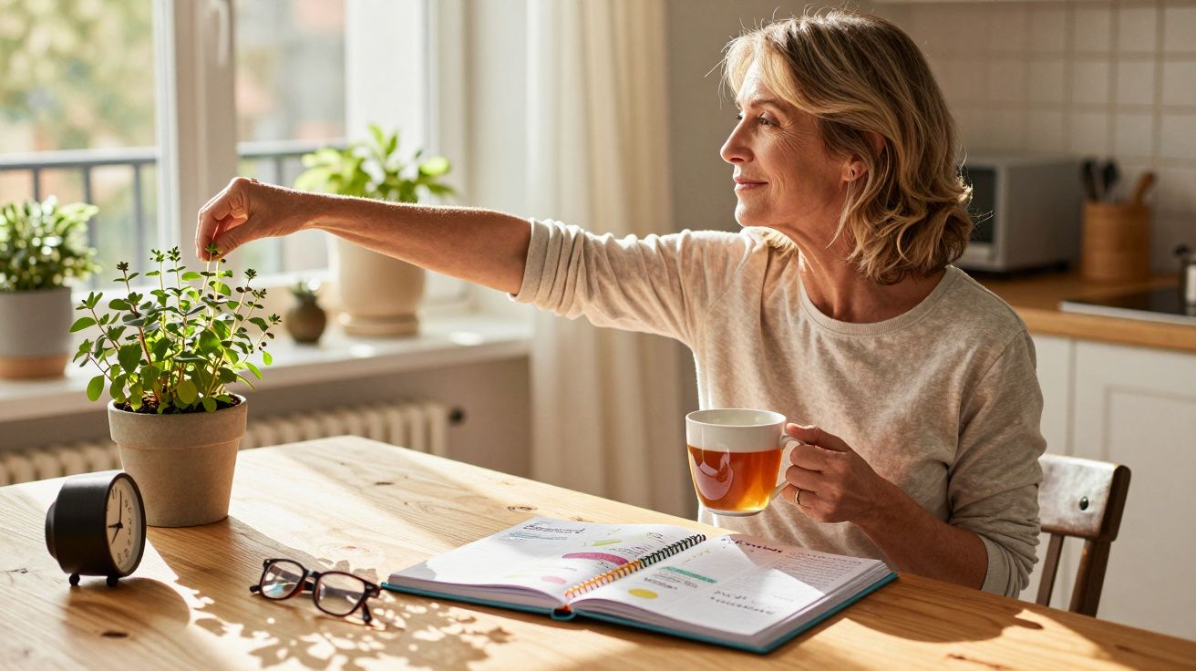 Mulher a beber chá e a cuidar de planta numa cozinha iluminada com agenda e óculos na mesa.