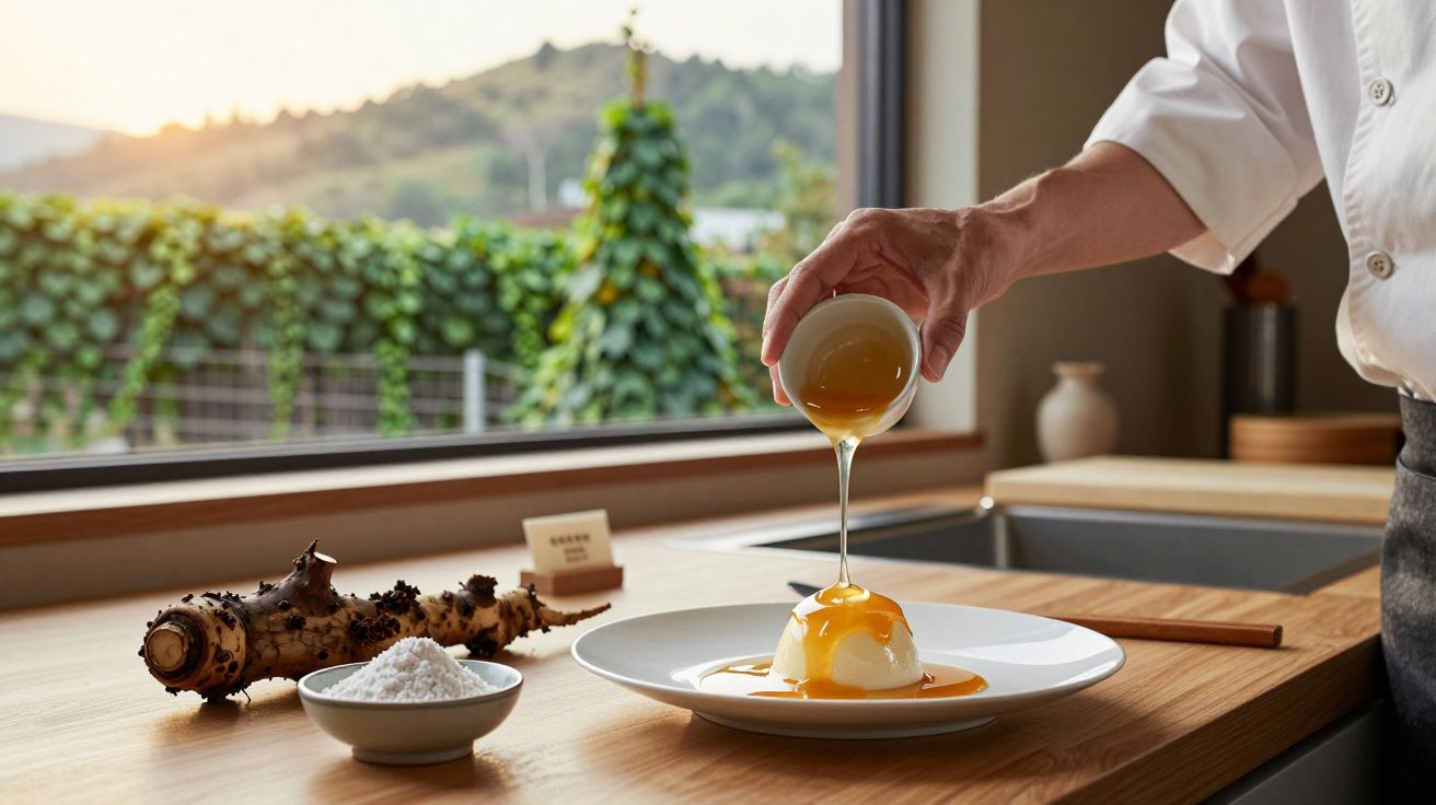 Mão a verter mel sobre sobremesa branca num prato, com janela e vinhas ao fundo, em cozinha iluminada natural.