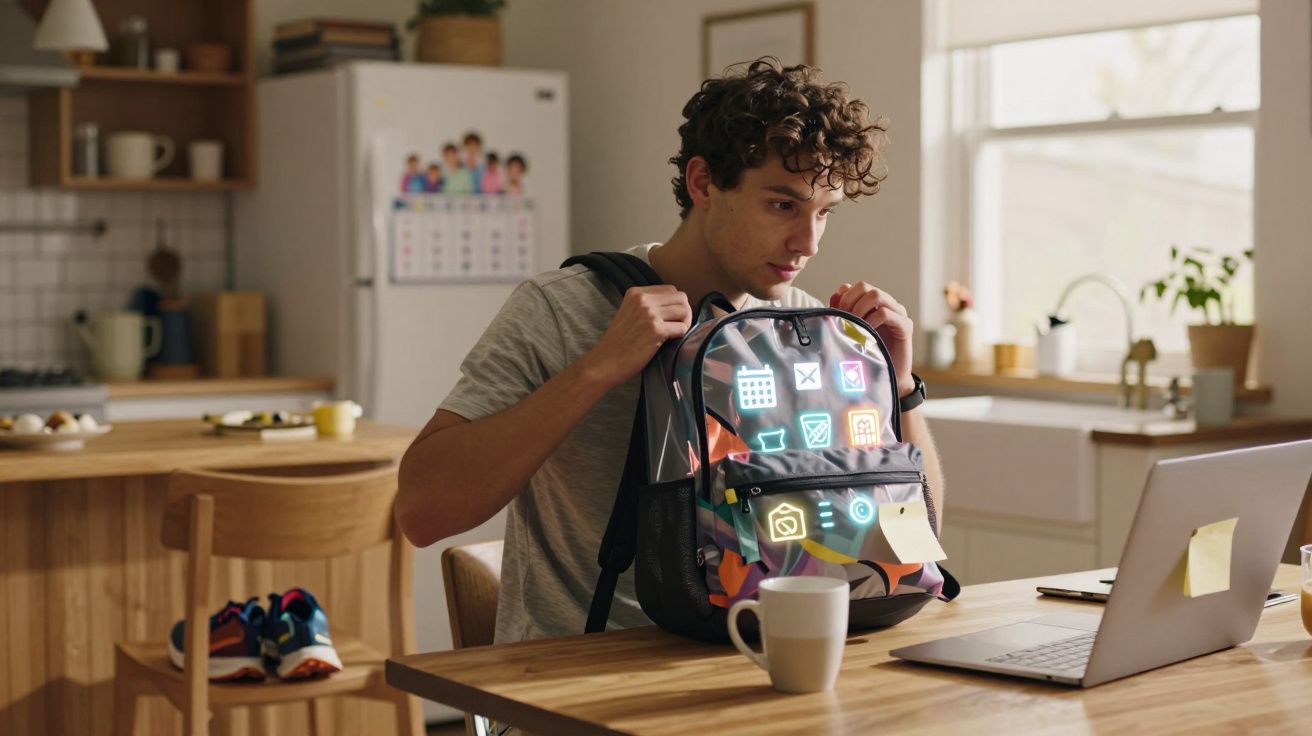 Jovem a preparar mochila com ícones digitais, sentado numa mesa de cozinha com portátil aberto.