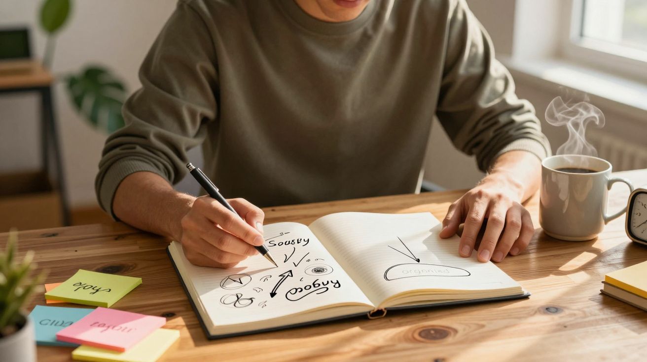 Pessoa a desenhar diagramas e fazer anotações numa agenda aberta sobre uma mesa de madeira.