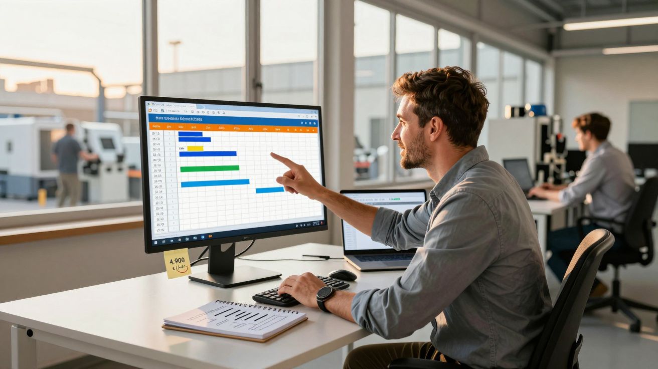 Homem a apontar para gráfico de barras coloridas no ecrã de computador num escritório moderno.
