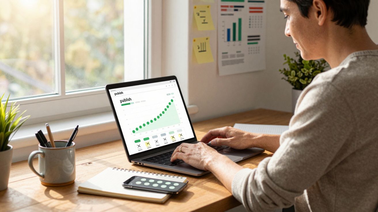 Pessoa a trabalhar num computador portátil com gráficos e tabelas num escritório luminoso junto a uma janela.