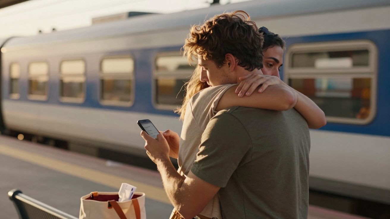Casal abraçado na plataforma da estação de comboios, com um a olhar para o telemóvel.