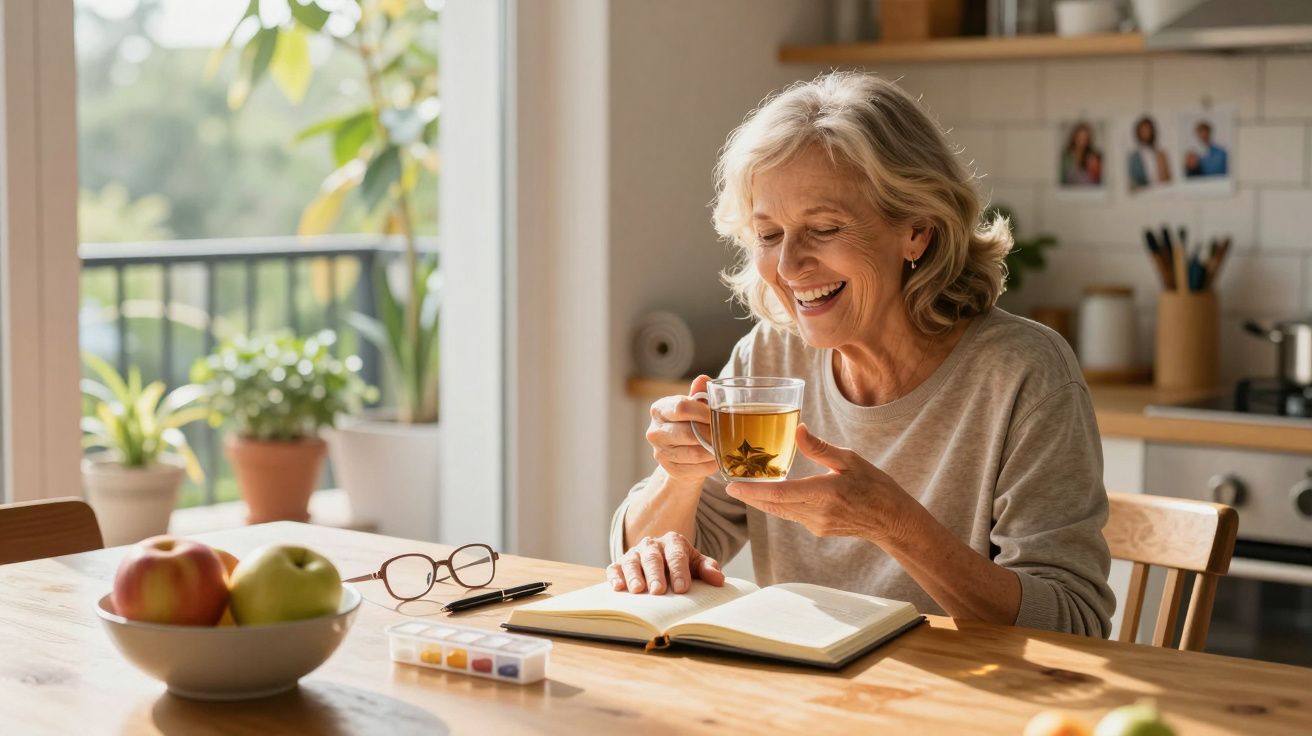 Mulher sénior sorrindo a beber chá enquanto lê um livro numa cozinha clara e acolhedora.