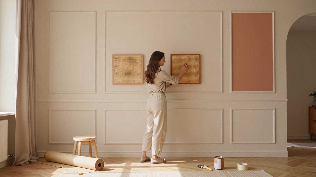 Mulher a pendurar quadros retangulares de palha numa parede branca de uma sala iluminada.