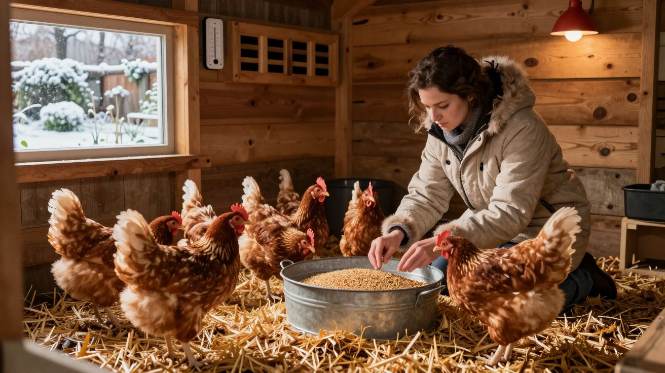 Mulher a alimentar galinhas num galinheiro de madeira com palha no chão durante inverno.