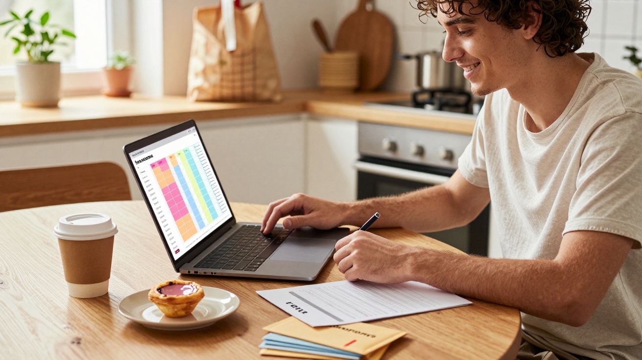Homem sentado à mesa com portátil a preencher documento, com pastel de nata e café ao lado numa cozinha.