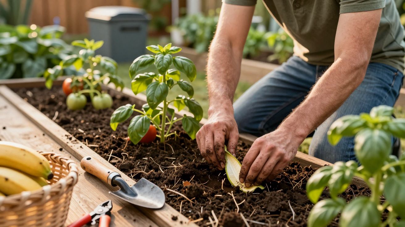 Pessoa a plantar uma muda numa horta urbana com ferramentas e frutos ao redor.