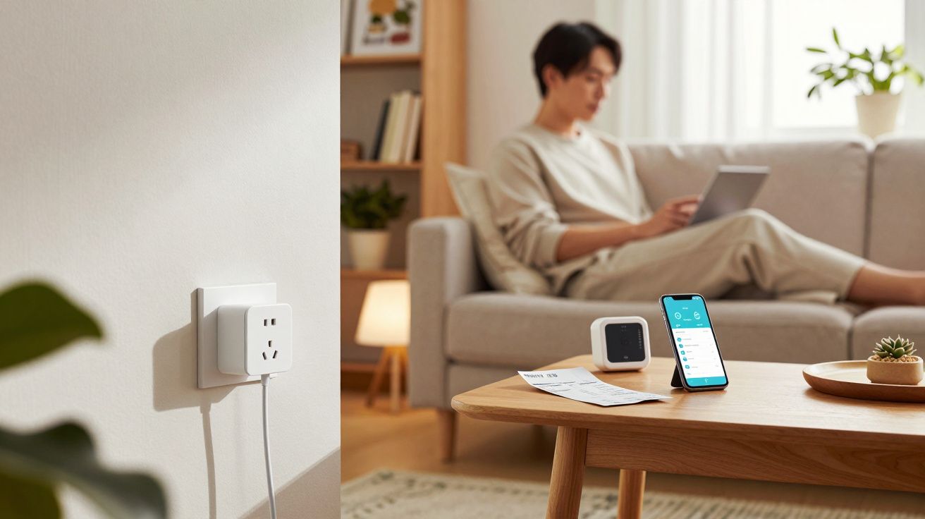 Tomada inteligente ligada na parede, com pessoa a usar tablet no sofá ao fundo numa sala iluminada e confortável.