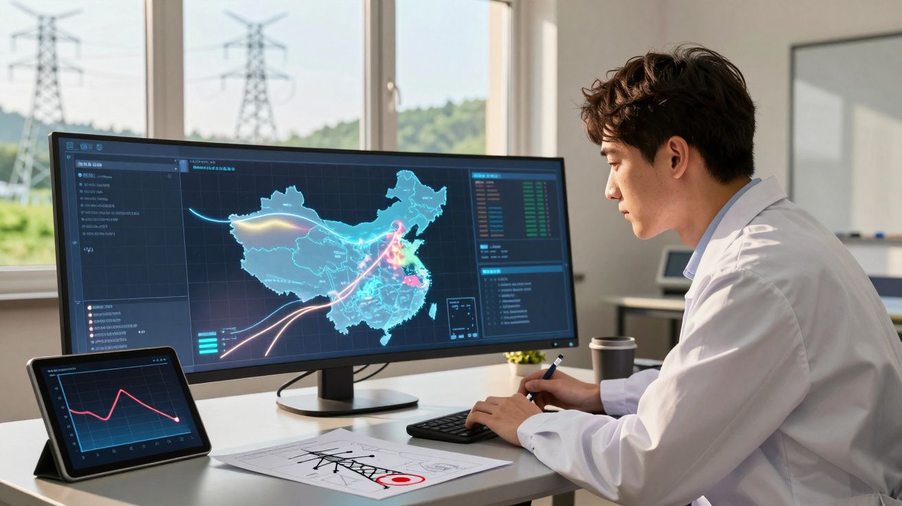 Homem com bata branca a analisar mapas e gráficos num computador e tablet numa mesa de escritório.