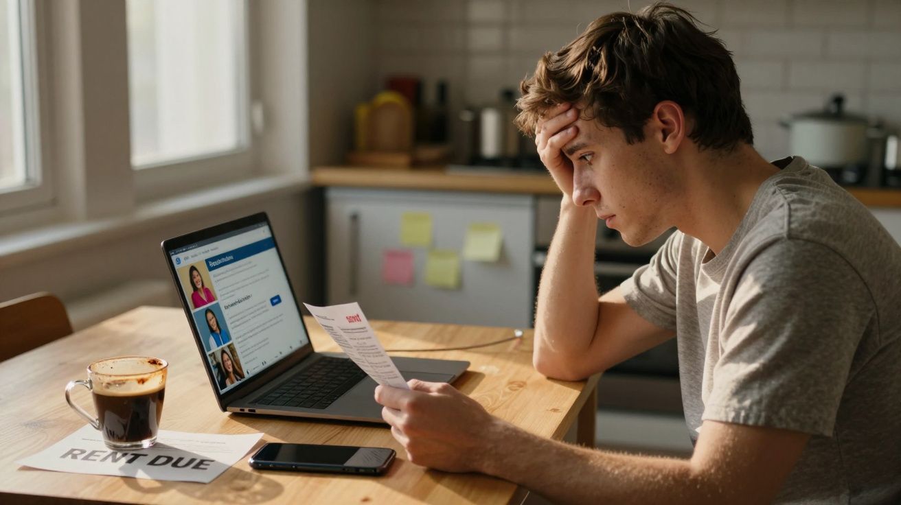 Homem preocupado sentado à mesa a consultar documento de renda enquanto usa portátil e telemóvel na cozinha.
