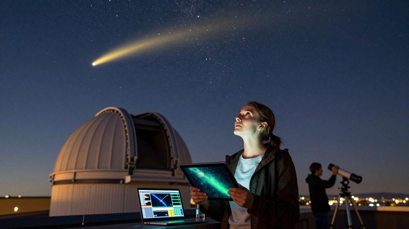 Mulher observa com tablet estrela cadente no céu noturno, com observatório e homem ao telescópio ao fundo.