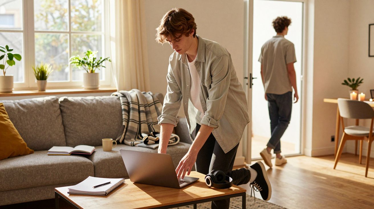 Dois jovens numa sala, um a usar laptop numa mesa e outro a sair pela porta.