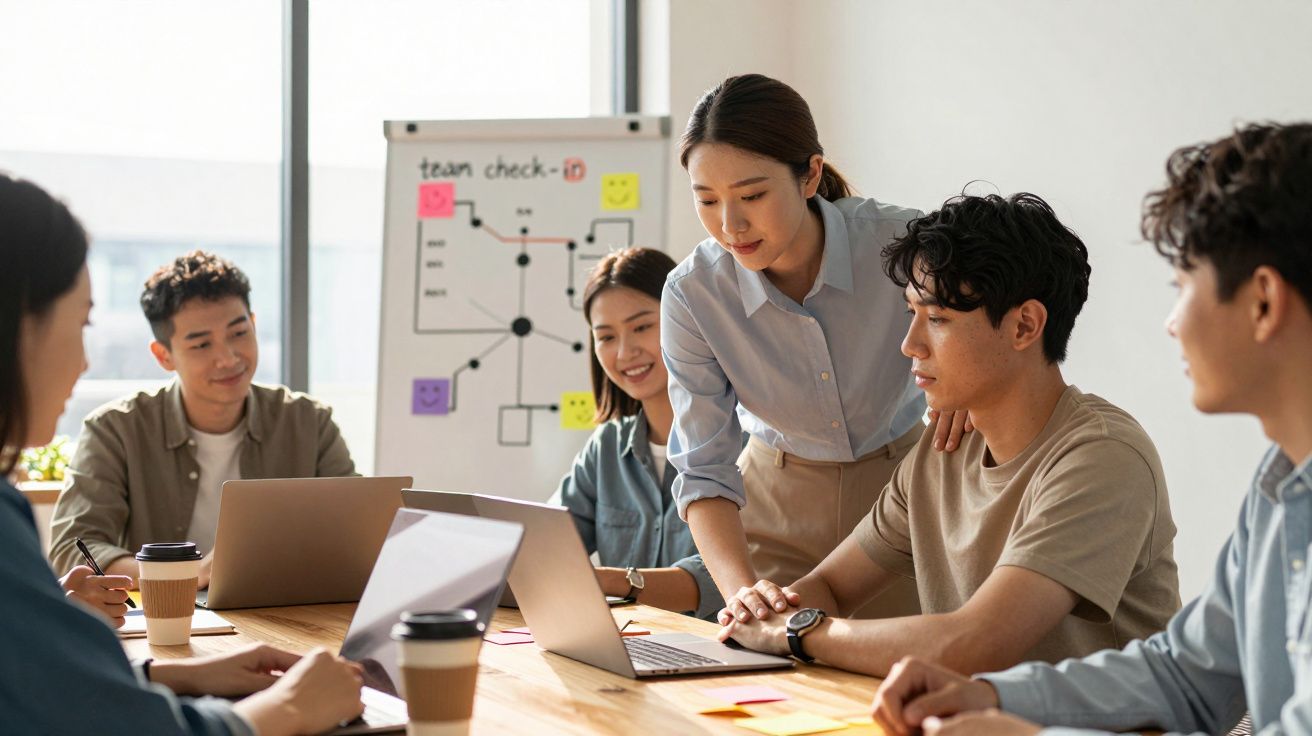 Equipe jovem a colaborar numa reunião, com computadores portáteis e quadro-branco ao fundo.