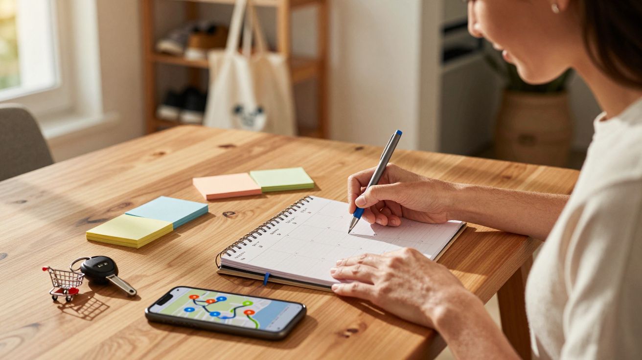 Pessoa a planear numa agenda, com smartphone a mostrar mapa, chaves de carro e blocos de notas numa mesa de madeira.