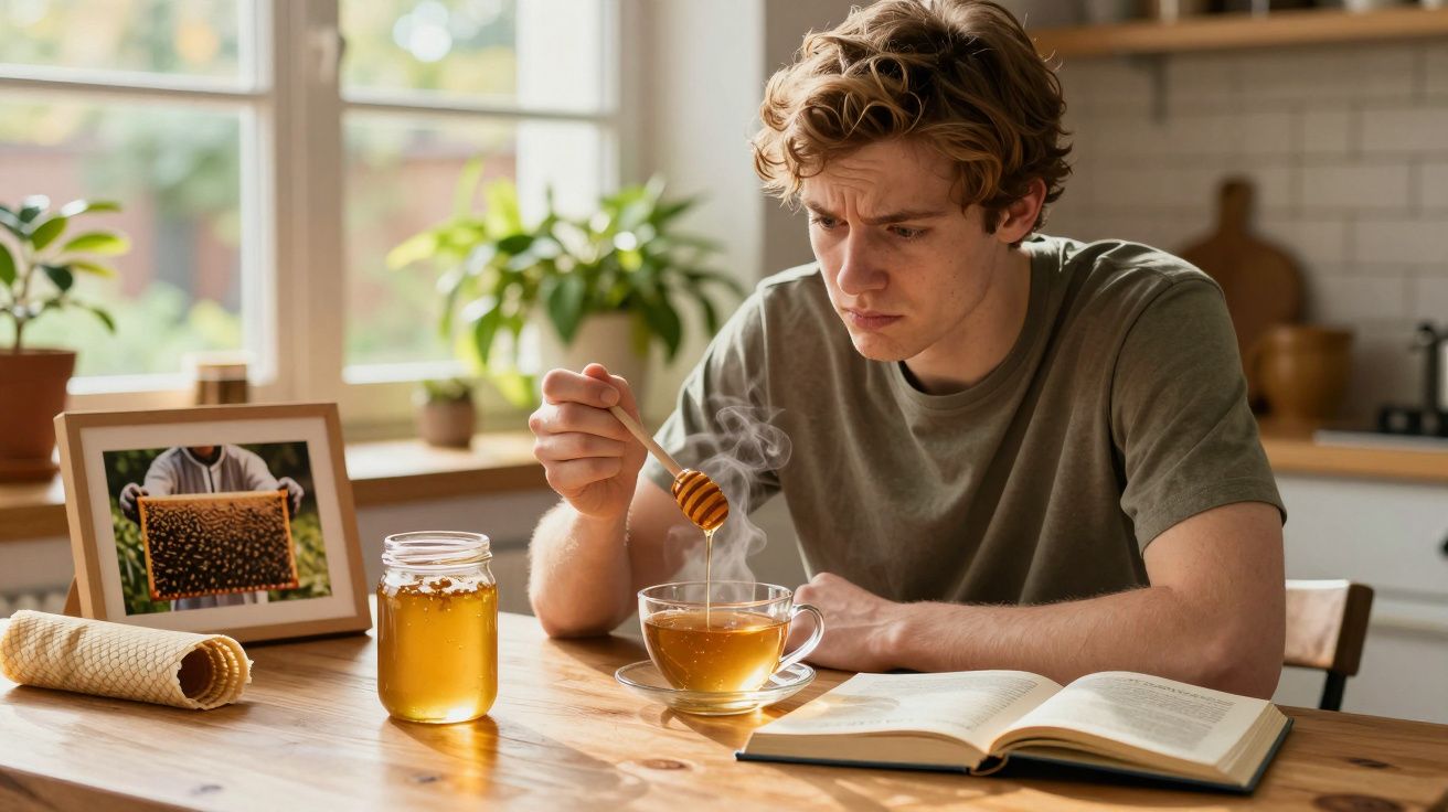 Jovem sentado à mesa a mexer mel na chávena de chá com livro aberto e frasco de mel ao lado.