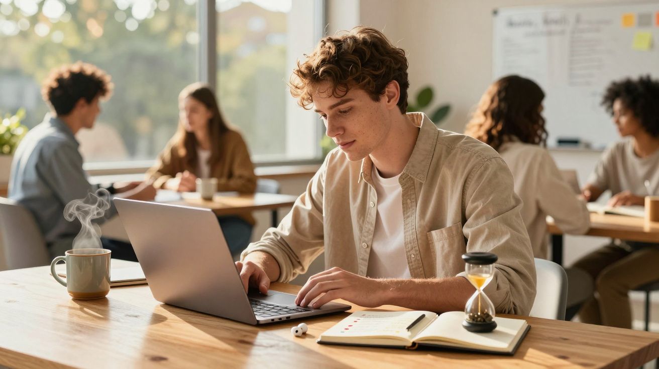 Jovem a trabalhar num portátil numa sala com outras pessoas ao fundo, numa mesa com chá, caderno e ampulheta.