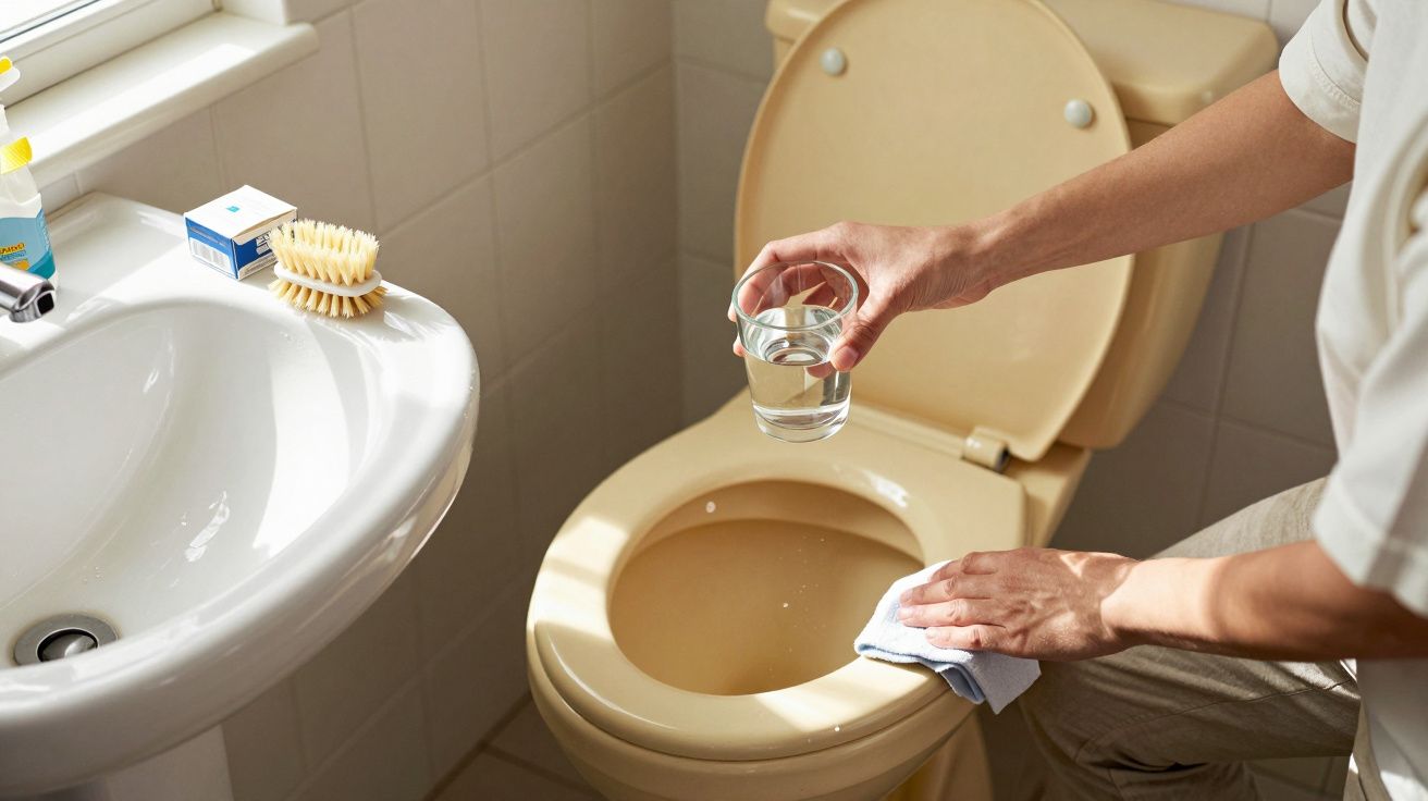 Pessoa a verter água no vaso sanitário para limpar, com pano na mão, numa casa de banho.