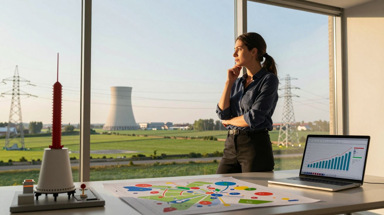 Mulher de pé junto a uma janela com vista para central elétrica, com gráficos e modelo de torre na mesa.