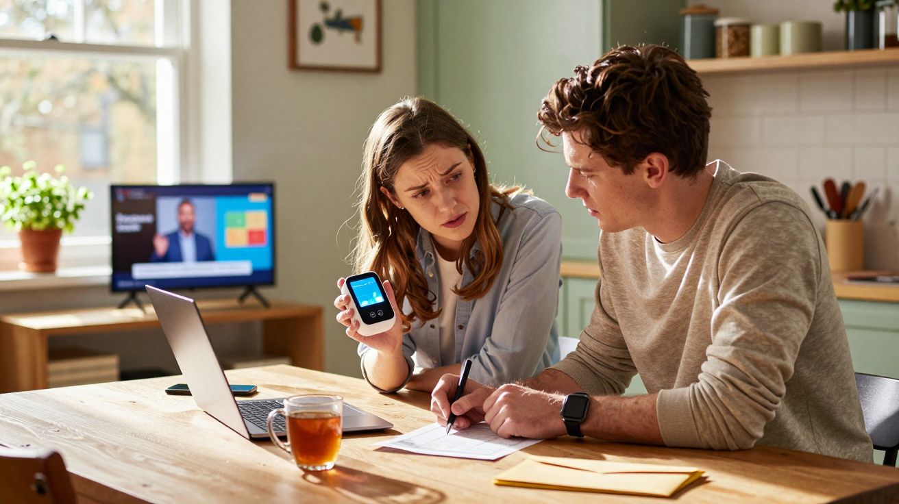 Casal sentado à mesa a discutir resultados que uma mulher mostra no seu monitor de glicemia.